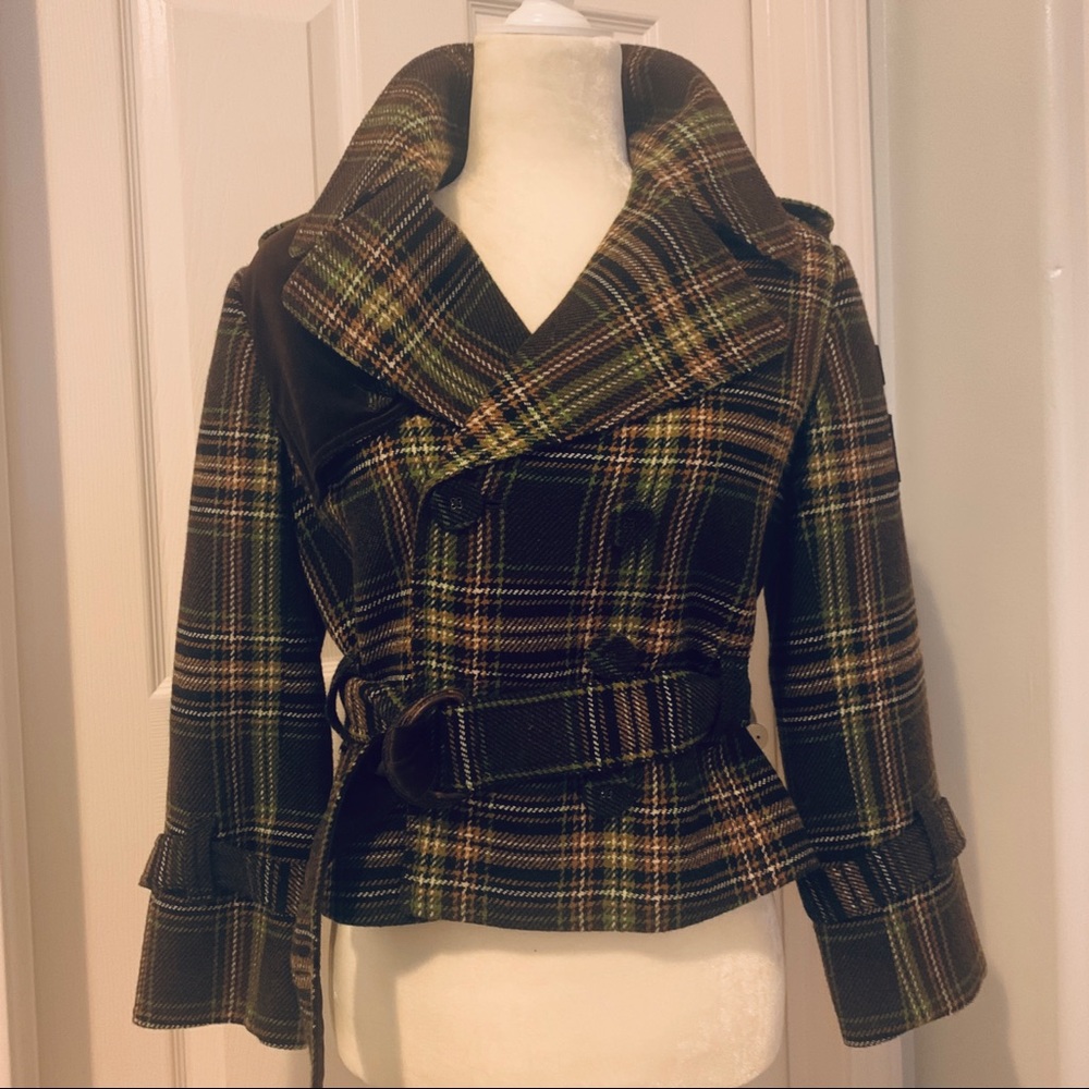 Juicy Couture Brown Green Plaid Wool Blazer Jacket - Sz 10